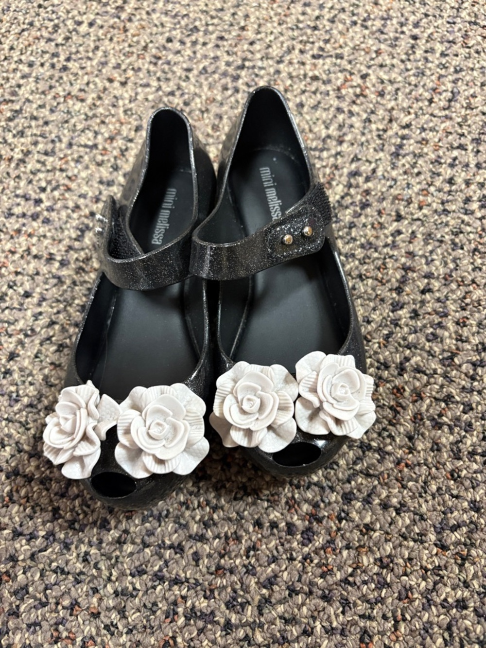 Mini Melissa Black Glitter Mary Janes with Cream Flower Appliques
